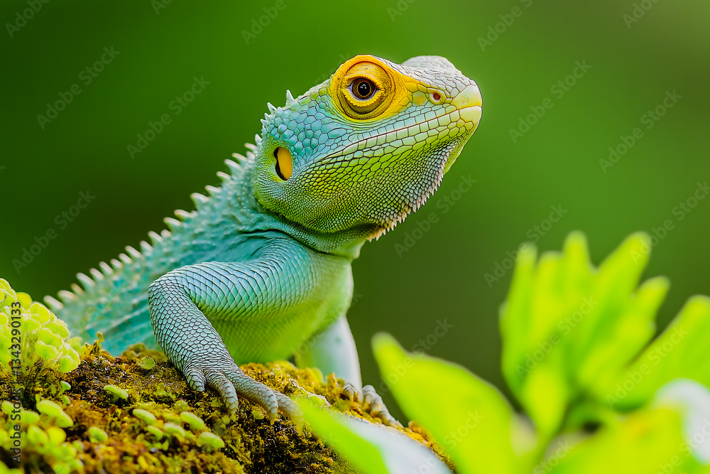 Obraz premium A vibrant blue chameleon with yellow eyes perches on a mossy branch, surrounded by lush green foliage.