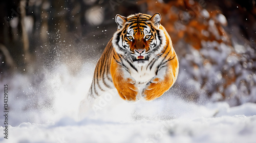Fotografia A tiger leaps through snow, kicking up powder, with a fierce expression in a winter forest setting