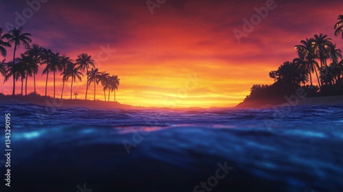 Tropical Sunset  Ocean Waves  Palm Trees  Vibrant Sky