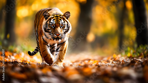 A tiger prowls through an autumn forest, surrounded by fallen leaves and golden light.