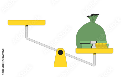 Money bag on tilted balance scale 2D cartoon object. Wealth inequality. Financial disparity. Cash stacks coins weighing down isolated element flat vector clip art on white. Spot illustration