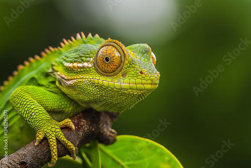 A vibrant blue chameleon with yellow eyes perches on a mossy branch, surrounded by lush green foliage.