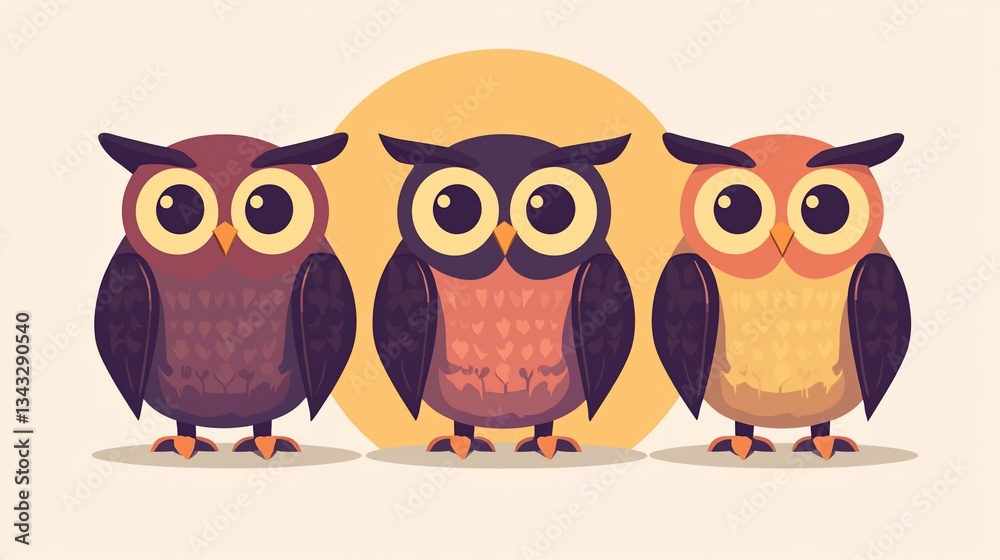 Fototapeta premium Cute Owls in a Row, Pastel Background