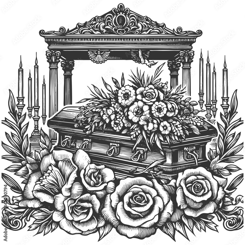 Fototapeta premium funeral scene featuring a coffin surrounded by flowers, candles, birds, and a cross sketch engraving generative ai vector illustration. Scratch board imitation. Black and white image.