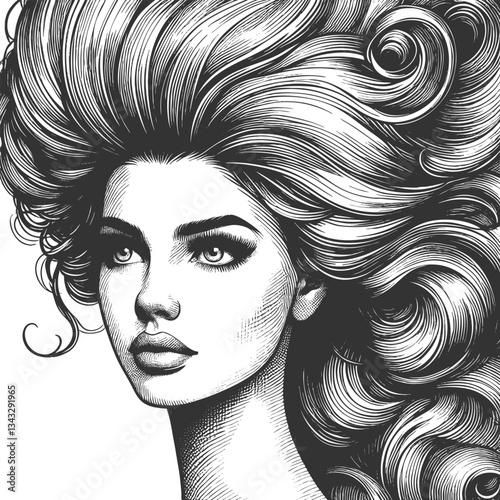 woman with an enormous, intricately curled hairstyle, blending surrealism, elegance, and vintage artistic style sketch engraving generative ai vector illustration. Scratch board. Black and white image