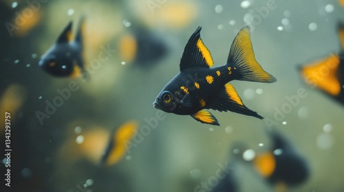 Molly Fish in a Decorative Black and Yellow Aquatic Environment