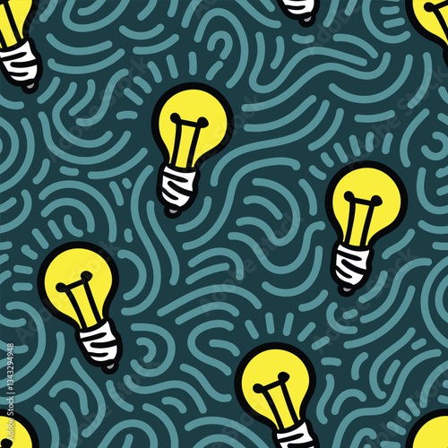 Hand drawn light bulb seamless pattern with art line doodles.