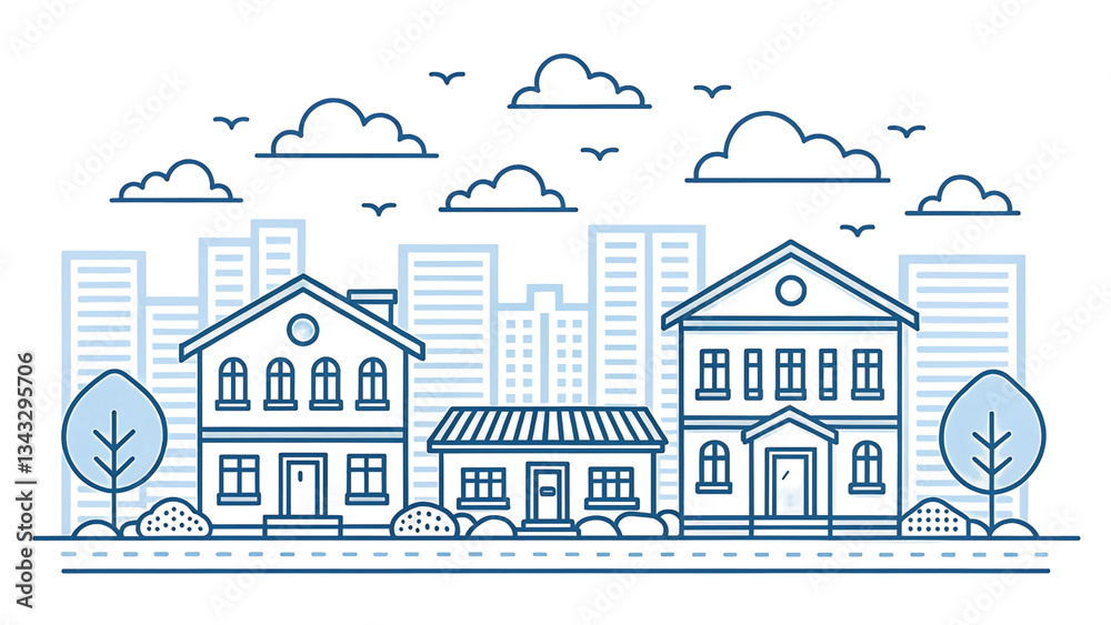 Fototapeta premium Modern Cityscape Line Art Houses, Buildings, Clouds, and Trees Illustration