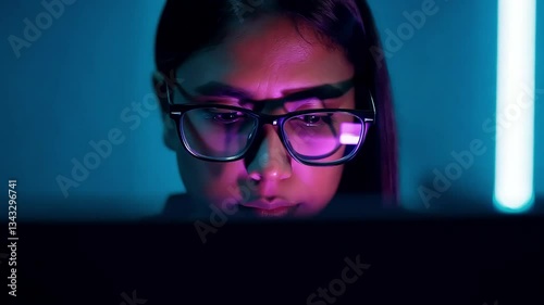 Focused woman in tech environment immersed in bluepurple neon light. The concept of feminism