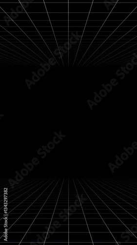 Black vertical background with animated digital white thin grid lines with depth. Loop abstract motion background for technology, science, blueprint, or infographic concept