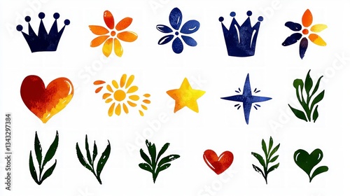 Colorful Hand Drawn Icons  Hearts  Crowns  Stars  Flowers  Leaves