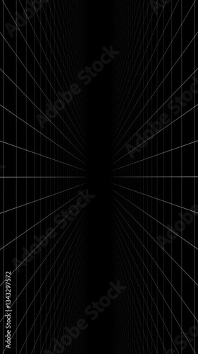 Black vertical background with animated digital white thin grid lines with depth. Loop abstract motion background for technology, science, blueprint, or infographic concept
