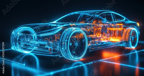 Futuristic glowing car wireframe with vibrant neon colors.
