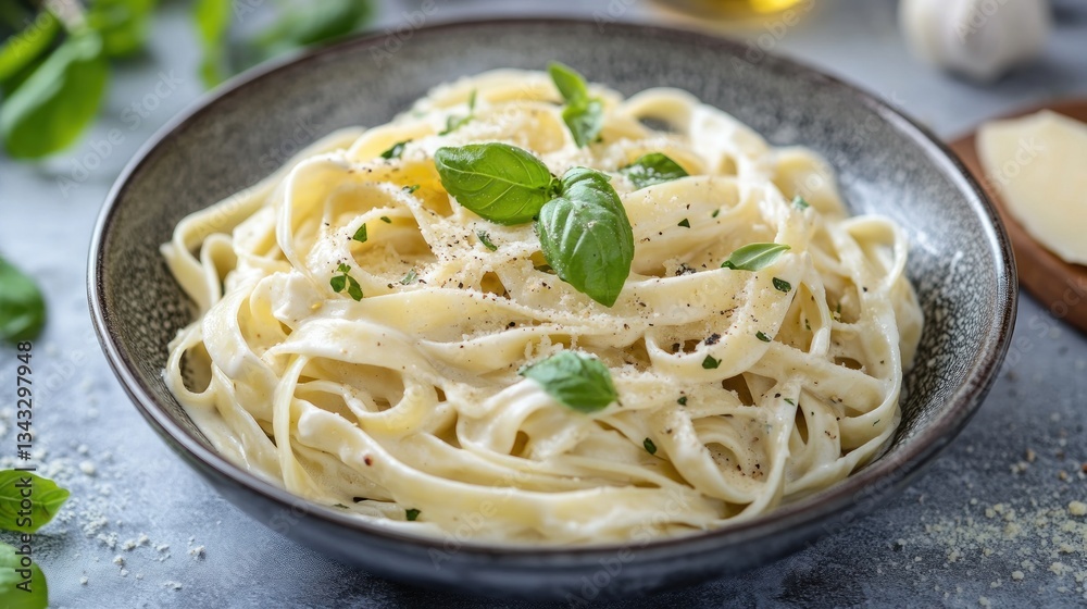 A bowl of creamy fettuccine pasta garnished with basil and cheese. A bowl of creamy fettuccine pasta garnished with basil and cheese.