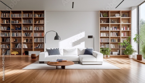 interior of modern library with white walls wooden floor white sofa and bookcase