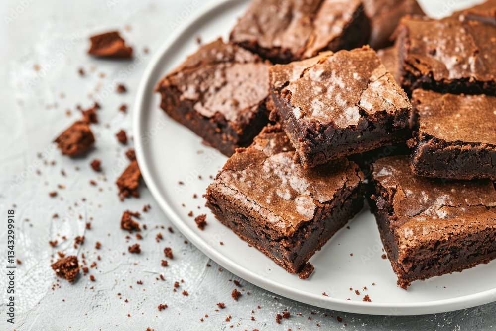 Decadent chocolate brownies on white plate. AI image Decadent chocolate brownies on white plate. AI image