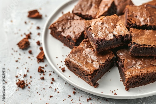 Decadent chocolate brownies on white plate. AI image