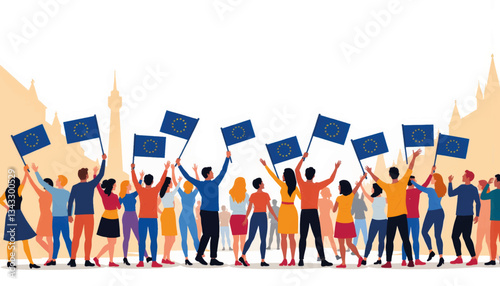 Crowd celebrating with EU flags in geometric town square, unity