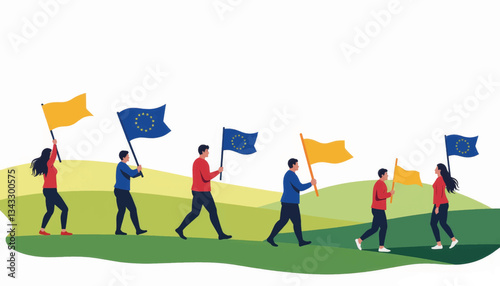 Stylized individuals carrying EU flags in geometric landscape, unity