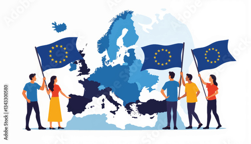 People holding EU flags with a geometric map of Europe, unity symbol