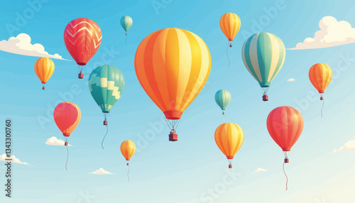 Colorful balloons floating in blue sky, joyful celebration