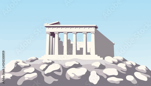 Geometric depiction of the Parthenon on rocky hill, symbolic architecture