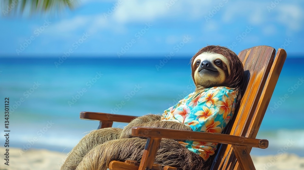 Naklejka premium a sloth wearing Hawaii shirt relax sitting on beach chair with ocean background 