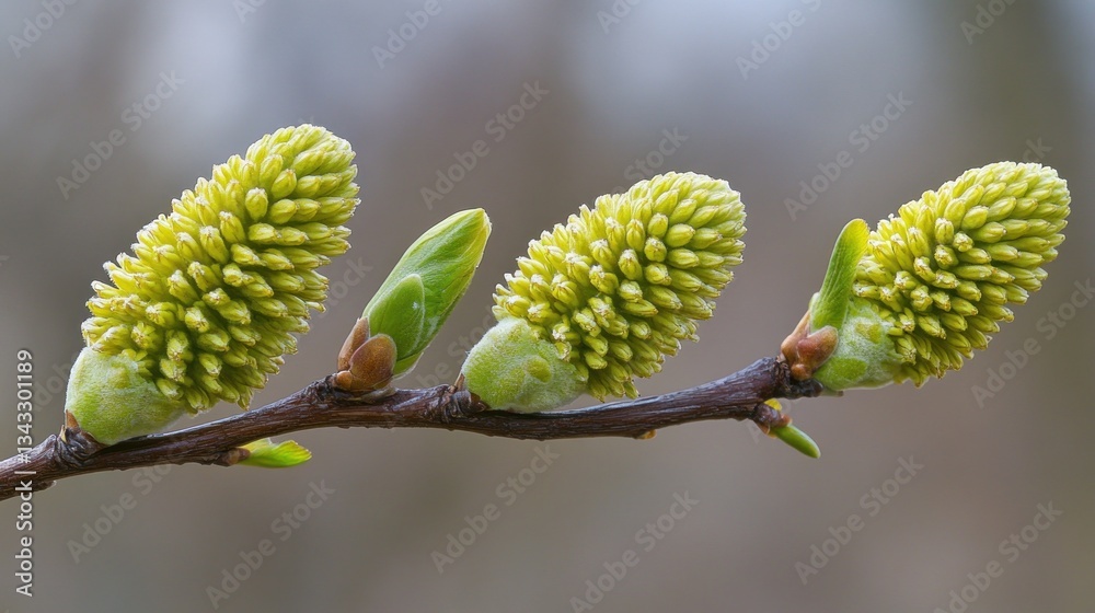 Obraz premium Close-up of green buds on a branch, showcasing early spring growth.