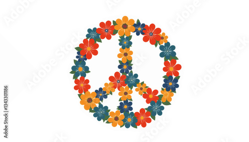 Colorful floral peace symbol on white background, harmony and unity