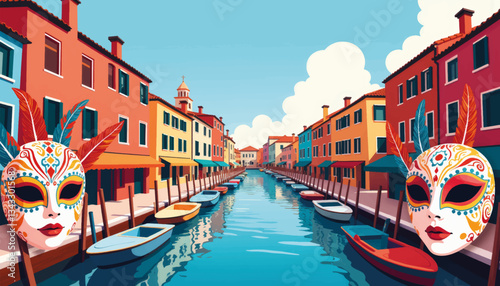 Vibrant Venetian carnival masks reflected in colorful canal scenery, festive joy