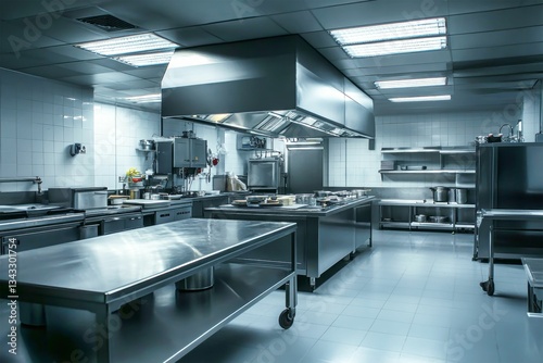 Modern professional kitchen showcases empty space with stainless steel appliances and spotlights in a dark ambiance
