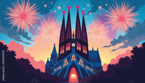 Vibrant fireworks over Sagrada Familia in Barcelona, festive celebration