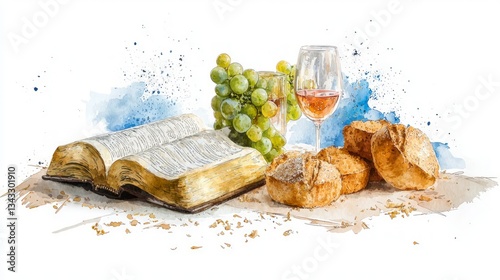 Holy Communion  Bible  Wine  Bread  Grapes  Watercolor Painting