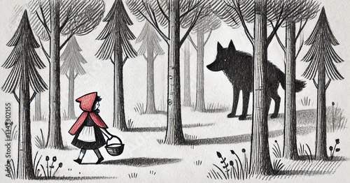 A girl in a raincoat and a wolf. Cute illustration, a girl and a wolf in the middle of the forest. Illustration on the theme of a fairy tale.