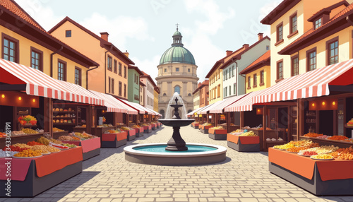 Vibrant market stalls at European cultural festival, heritage celebration