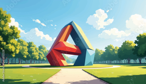 Colorful geometric sculpture in park under bright midday sun, cultural expression