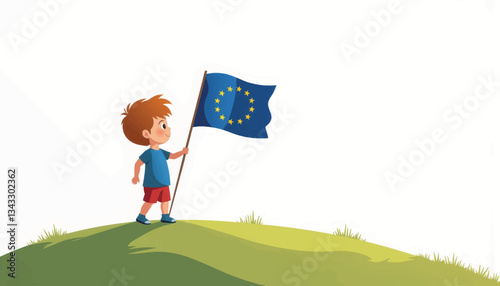 Cheerful child waving EU flag on green hill, celebrating unity