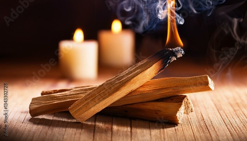 palo santo burning stick and candles in background