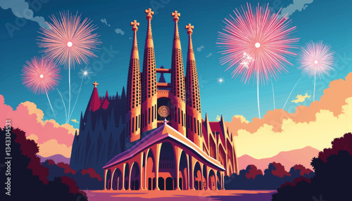 Geometric depiction of Sagrada Familia with fireworks, celebration concept