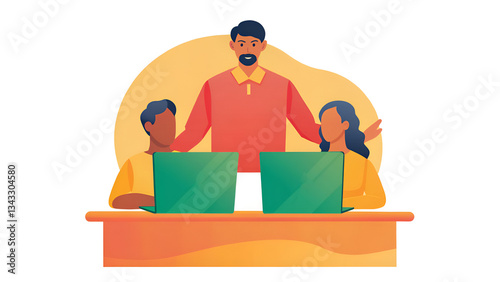 Neurodiversity Technology A group of three people collaborates at a desk with laptops in a colorful, illustrated setting.