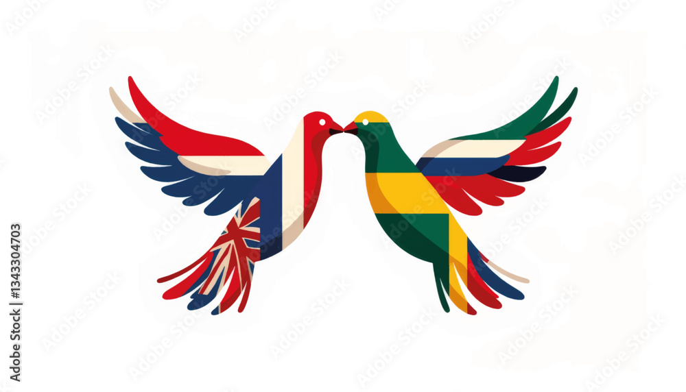 Obraz premium Two abstract birds flying together, celebrating international friendship