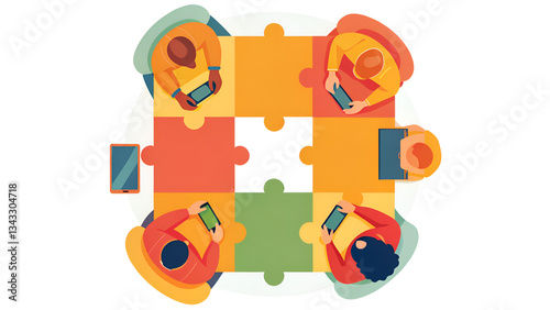 Neurodiversity Technology Collaboration concept with people working together on a colorful puzzle-shaped table.