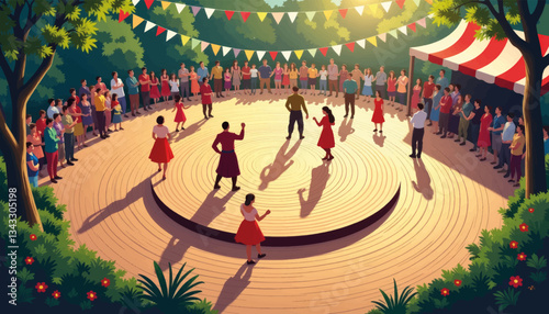Traditional European dance performance on vibrant circular stage, celebration