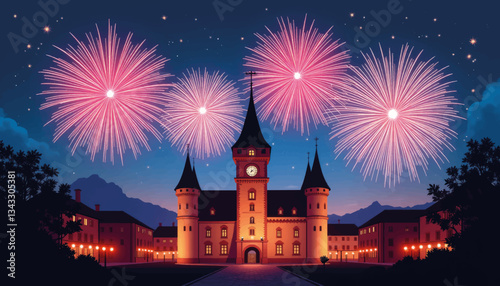 Fireworks illuminating historic castle at night, cultural celebration