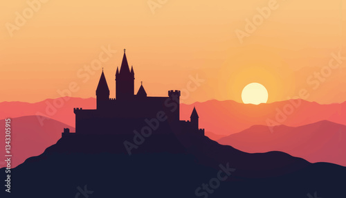 Medieval castle silhouette against sunset, mythical grandeur