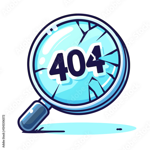 404 error on cracked magnifying glass. Search failure website error page illustration for research or investigation platforms showing broken discovery tools.