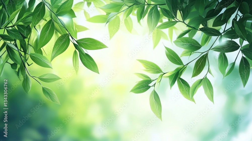 Obraz premium Lush green leaves frame a bright, sunlit background.