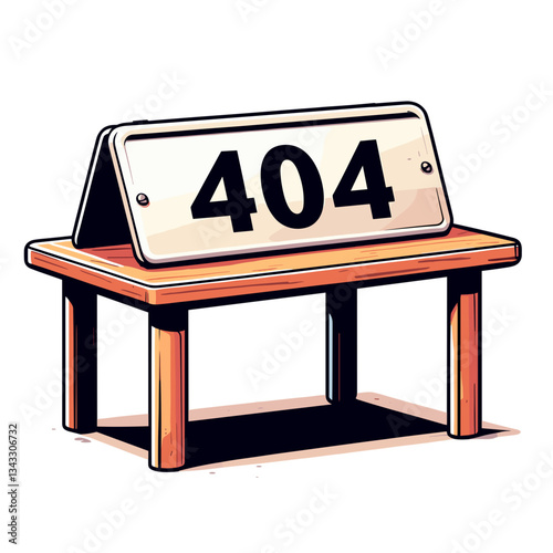 Wooden desk with 404 sign in beige and brown. Perfect for office or furniture websites indicating unavailable products or resources.