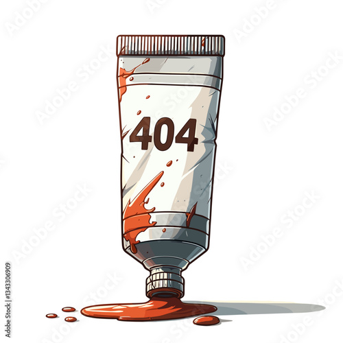 Paint tube with 404 message and spilled paint in art supplies illustration. Perfect for creative websites or art stores showing unavailable products.