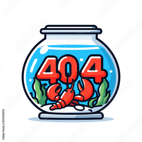 404 message in fish bowl with goldfish in blue water cartoon. Perfect for pet stores or aquarium services websites showing unavailable products.